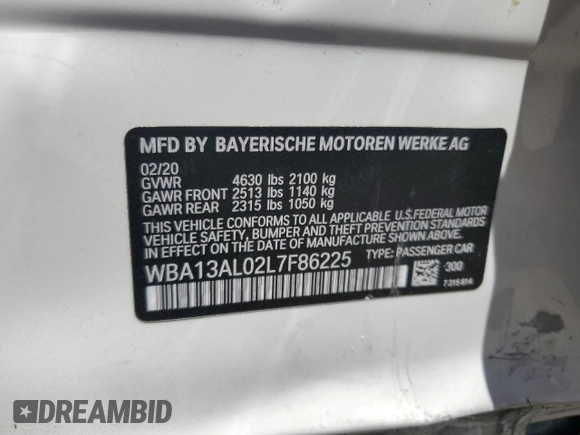 2020 BMW 2 Series M235i xDrive with VIN WBA13AL02L7F86225, listed as a Copart auction lot 68057514 with 38,081 mi miles and Salvage Title. Bid and sale history available at carsss.com. Image 15.