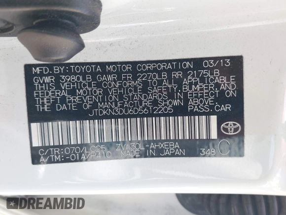 2013 Toyota Prius One z VIN JTDKN3DU6D5612205, wystawiony jako IAAI lot #42487114 z przebiegiem 221 772 mil mil oraz . Historia ofert i sprzedaży dostępna na DreamBid. Obrazek 9.