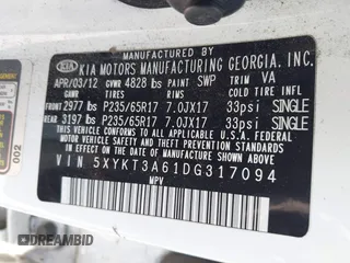 2013 Kia Sorento LX with VIN 5XYKT3A61DG317094, listed as a IAAI auction lot 42747947 with 235,917 mi miles and . Bid and sale history available at DreamBid. Image 9.