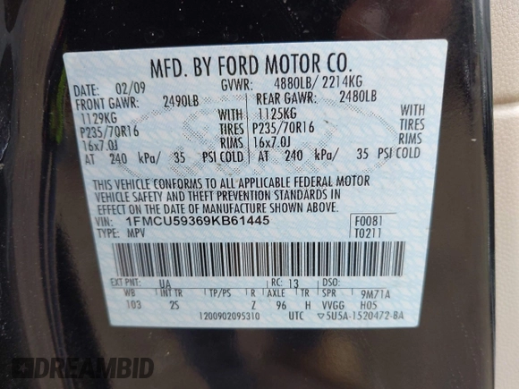 2009 Ford Escape Hybrid with VIN 1FMCU59369KB61445, listed as a IAAI auction lot 42377759 with Not provided miles and . Bid and sale history available at DreamBid. Image 9.