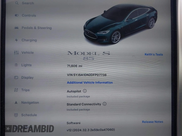 2013 Tesla Model S z VIN 5YJSA1DN2DFP07738, wystawiony jako IAAI lot #42433771 z przebiegiem 71 606 mil mil oraz . Historia ofert i sprzedaży dostępna na DreamBid. Obrazek 15.