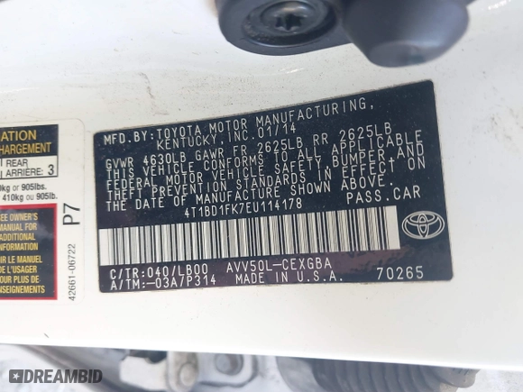 2014 Toyota Camry Hybrid LE with VIN 4T1BD1FK7EU114178, listed as a IAAI auction lot 41833139 with 175,117 mi miles. Bid and sale history available at carsss.com. Image 9.
