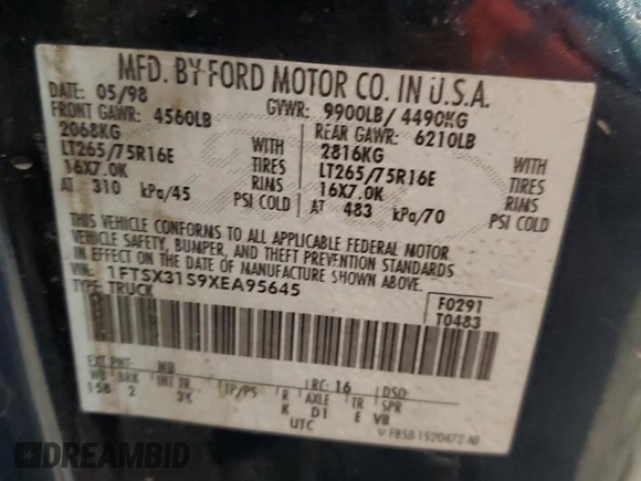 1999 Ford F-350 XL with VIN 1FTSX31S9XEA95645, listed as a Copart auction lot 43423285 with 169,449 mi miles and Salvage Title. Bid and sale history available at DreamBid. Image 12.