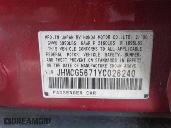 2000 Honda Accord SE z VIN JHMCG5671YC026240, wystawiony jako IAAI lot #41955934 z przebiegiem 269 599 mil mil oraz . Historia ofert i sprzedaży dostępna na DreamBid. Obrazek 9.