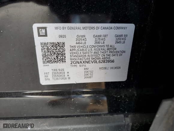 2020 Chevrolet Equinox Premier with VIN 2GNAXNEV0L6283956, listed as a Copart auction lot 53574055 with 121,132 mi miles and Clean Title. Bid and sale history available at carsss.com. Image 13.