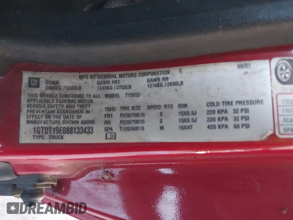 2008 GMC Canyon SLE1 with VIN 1GTDT19E088133433, listed as a IAAI auction lot 42759968 with 268,458 mi miles and . Bid and sale history available at DreamBid. Image 9.