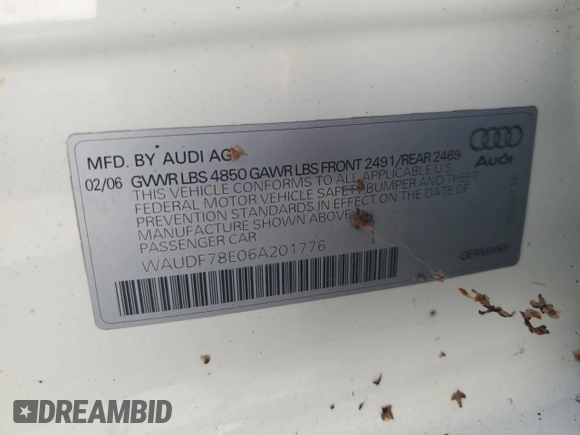 2006 Audi A4 2.0T with VIN WAUDF78E06A201776, listed as a Copart auction lot 49284065 with 210,003 mi miles and Clean Title. Bid and sale history available at carsss.com. Image 12.