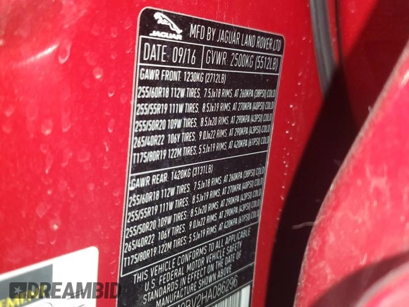 2017 Jaguar F-Pace S with VIN SADCM2BV2HA086296, listed as a Copart auction lot 49041805 with 87,303 mi miles and Salvage Title. Bid and sale history available at DreamBid. Image 14.