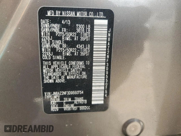 2013 Infiniti QX56 with VIN JN8AZ2NF3D9550754, listed as a Copart auction lot 54130675 with 202,669 mi miles and Salvage title. Bid and sale history available at DreamBid. Image 13.