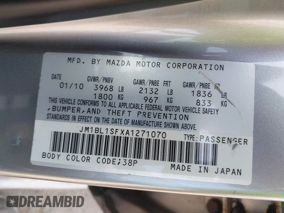 2010 Mazda 3 i Sport with VIN JM1BL1SFXA1271070, listed as a IAAI auction lot 42148364 with 123,921 mi miles and . Bid and sale history available at DreamBid. Image 9.