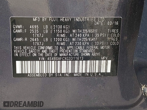2016 Subaru Outback Premium with VIN 4S4BSAFCXG3311613, listed as a IAAI auction lot 42719953 with 113,194 mi miles and . Bid and sale history available at DreamBid. Image 9.