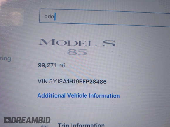 2014 Tesla Model S 60 z VIN 5YJSA1H16EFP28486, wystawiony jako IAAI lot #41887484 z przebiegiem 99 271 mil mil oraz . Historia ofert i sprzedaży dostępna na DreamBid. Obrazek 15.