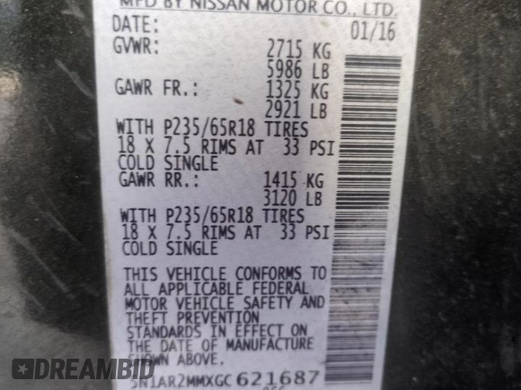 2016 Nissan Pathfinder Platinum with VIN 5N1AR2MMXGC621687, listed as a Copart auction lot 55285985 with 131,996 mi miles and Clean Title. Bid and sale history available at carsss.com. Image 13.