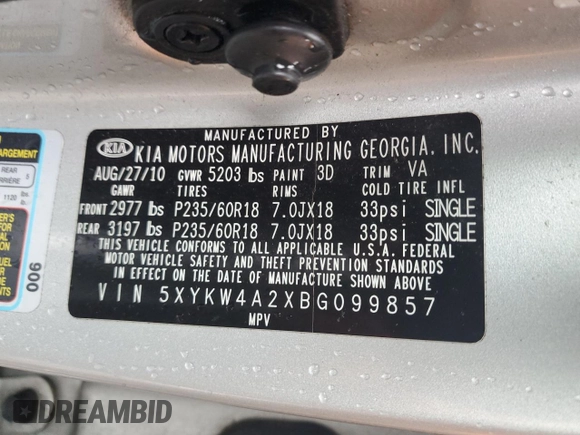 2011 Kia Sorento SX with VIN 5XYKW4A2XBG099857, listed as a Copart auction lot 56946015 with 195,457 mi miles and Salvage title. Bid and sale history available at DreamBid. Image 14.