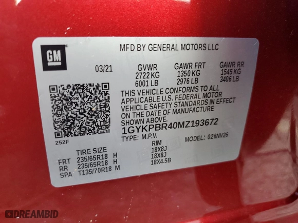 2021 Cadillac XT6 Luxury with VIN 1GYKPBR40MZ193672, listed as a Copart auction lot 54792352 with 17,147 mi miles. Bid and sale history available at carsss.com. Image 9.