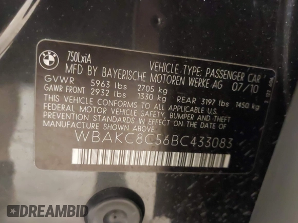 2011 BMW 7 Series 750Li xDrive with VIN WBAKC8C56BC433083, listed as a IAAI auction lot 42523890 with 120,977 mi miles and . Bid and sale history available at DreamBid. Image 9.