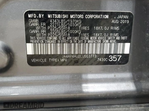 2020 Mitsubishi Outlander Sport SE 2.0 with VIN JA4AP4AU2LU003773, listed as a Copart auction lot 47446795 with 85,490 mi miles and Salvage Title. Bid and sale history available at carsss.com. Image 13.