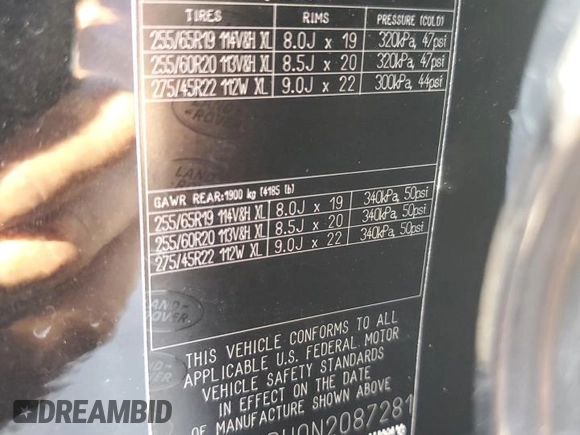 2022 Land Rover Defender with VIN SALEWERU0N2087281, listed as a Copart auction lot 67636814 with 25,546 mi miles and Salvage title. Bid and sale history available at DreamBid. Image 14.