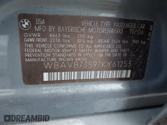 2007 BMW 3 Series 335i with VIN WBAVB73597KY61253, listed as a IAAI auction lot 41924993 with Not provided miles and . Bid and sale history available at DreamBid. Image 9.