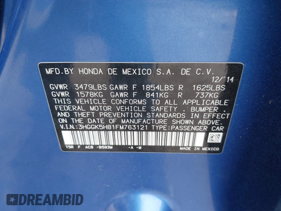 2015 Honda Fit EX-L with VIN 3HGGK5H81FM763121, listed as a IAAI auction lot 42119371 with 96,888 mi miles and . Bid and sale history available at DreamBid. Image 9.