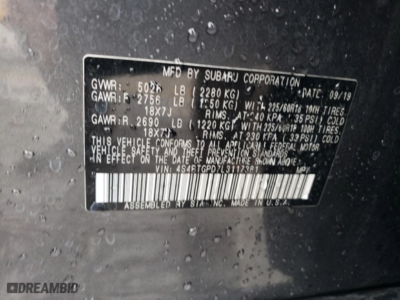 2020 Subaru Outback Touring XT with VIN 4S4BTGPD7L3117381, listed as a Copart auction lot 85923864 with 61,671 mi miles and Salvage Title. Bid and sale history available at carsss.com. Image 14.