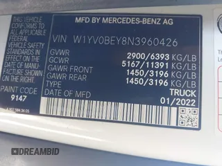 2022 Mercedes-Benz Metris Cargo with VIN W1YV0BEY8N3960426, listed as a IAAI auction lot 42019330 with 37,038 mi miles. Bid and sale history available at carsss.com. Image 9.