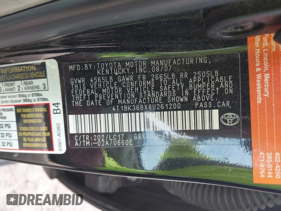 2008 Toyota Avalon XL with VIN 4T1BK36BX8U261200, listed as a IAAI auction lot 40973174 with 248,038 mi miles. Bid and sale history available at carsss.com. Image 9.