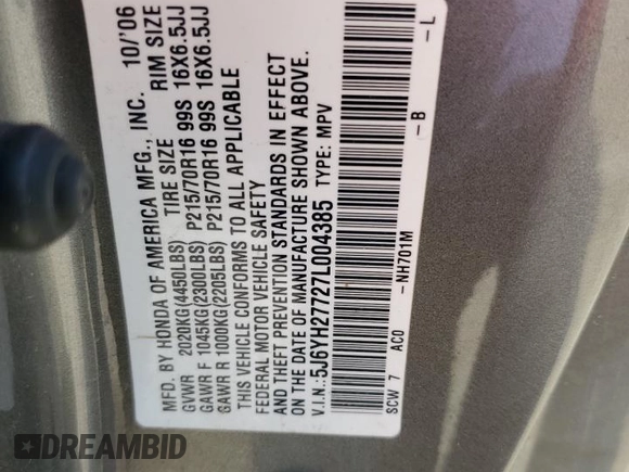 2007 Honda Element EX with VIN 5J6YH27727L004385, listed as a Copart auction lot 71957584 with 262,415 mi miles and Non Repairable. Bid and sale history available at DreamBid. Image 14.