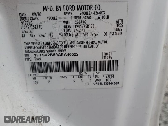 2010 Ford F-250 XL z VIN 1FTSX2B59AEA46522, wystawiony jako Copart lot #82400814 z przebiegiem 152 220 mil mil oraz Szkody całkowita. Historia ofert i sprzedaży dostępna na DreamBid. Obrazek 12.