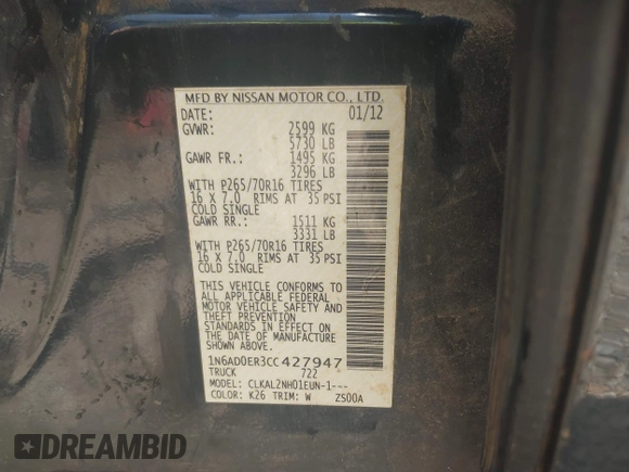 2012 Nissan Frontier SV with VIN 1N6AD0ER3CC427947, listed as a IAAI auction lot 42550542 with 197,097 mi miles and . Bid and sale history available at DreamBid. Image 9.