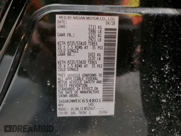 2018 Nissan Pathfinder Platinum with VIN 5N1DR2MM9JC654801, listed as a Copart auction lot 48439965 with 95,823 mi miles and Clean title. Bid and sale history available at DreamBid. Image 15.