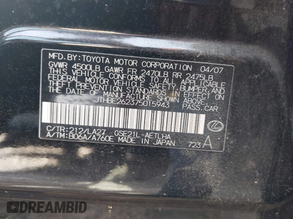 2007 Lexus IS 350 with VIN JTHBE262375015943, listed as a IAAI auction lot 42234181 with 135,023 mi miles and . Bid and sale history available at DreamBid. Image 9.