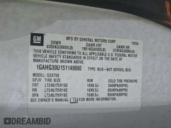 2005 Chevrolet Express Passenger with VIN 1GAHG39U151149680, listed as a IAAI auction lot 42633644 with 165,707 mi miles and . Bid and sale history available at DreamBid. Image 5.