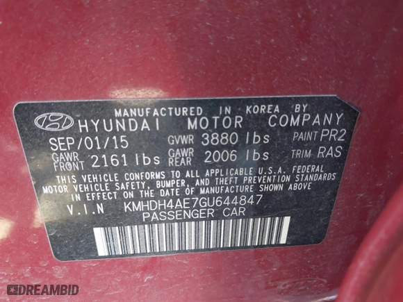 2016 Hyundai Elantra Value Edition with VIN KMHDH4AE7GU644847, listed as a IAAI auction lot 41844494 with 80,959 mi miles. Bid and sale history available at carsss.com. Image 9.