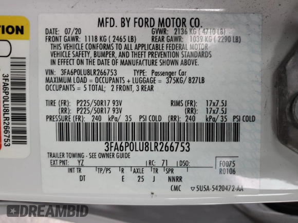 2020 Ford Fusion SE with VIN 3FA6P0LU8LR266753, listed as a Copart auction lot 52341535 with 70,551 mi miles and Salvage title. Bid and sale history available at DreamBid. Image 14.