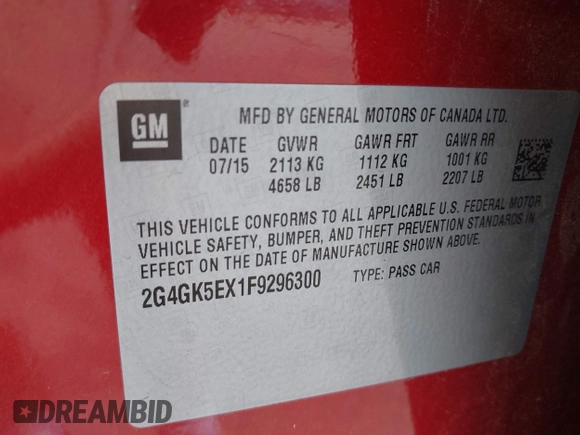 2015 Buick Regal with VIN 2G4GK5EX1F9296300, listed as a IAAI auction lot 42427999 with 74,777 mi miles and . Bid and sale history available at DreamBid. Image 9.