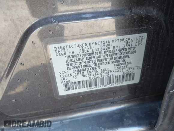 2015 Nissan Sentra SR with VIN 3N1AB7AP0FY369770, listed as a IAAI auction lot 41746082 with 135,528 mi miles and . Bid and sale history available at DreamBid. Image 9.