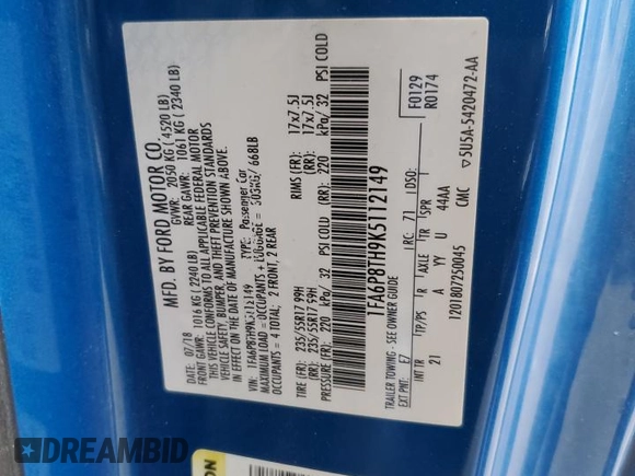 2019 Ford Mustang EcoBoost с VIN 1FA6P8TH9K5112149, выставлен на аукционе Copart как лот 60232785 с пробегом 72 018 миль миль и Списание • Salvage title. История ставок и продаж доступна на DreamBid. Изображение 12.