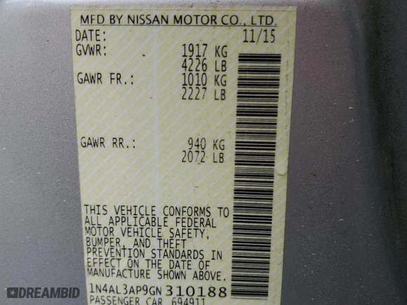 2016 Nissan Altima 2.5 S with VIN 1N4AL3AP9GN310188, listed as a Copart auction lot 51828885 with 91,435 mi miles and Salvage Title. Bid and sale history available at carsss.com. Image 12.