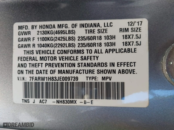 2018 Honda CR-V EX-L with VIN 7FARW1H83JE009739, listed as a IAAI auction lot 42002523 with 28,624 mi miles. Bid and sale history available at carsss.com. Image 9.