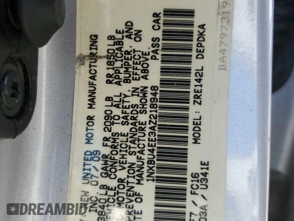 2010 Toyota Corolla with VIN 1NXBU4EE3AZ218948, listed as a Copart auction lot 65440135 with 116,907 mi miles and Salvage title. Bid and sale history available at DreamBid. Image 12.