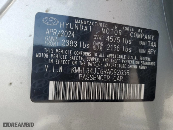 2024 Hyundai Sonata Hybrid SEL with VIN KMHL34JJ6RA092656, listed as a Copart auction lot 47763335 with 14,045 mi miles and Non Repairable. Bid and sale history available at carsss.com. Image 12.