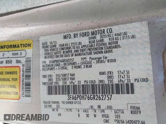 2016 Ford Fusion SE with VIN 3FA6P0H76GR262757, listed as a IAAI auction lot 42515265 with 198,901 mi miles and . Bid and sale history available at DreamBid. Image 9.