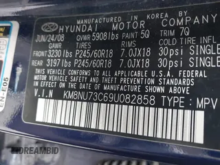2009 Hyundai Veracruz GLS with VIN KM8NU73C69U082858, listed as a IAAI auction lot 41816245 with 139,042 mi miles and . Bid and sale history available at DreamBid. Image 9.