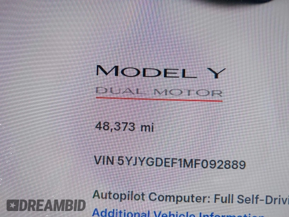2021 Tesla Model Y Performance with VIN 5YJYGDEF1MF092889, listed as a IAAI auction lot 42076715 with 48,373 mi miles and . Bid and sale history available at DreamBid. Image 15.