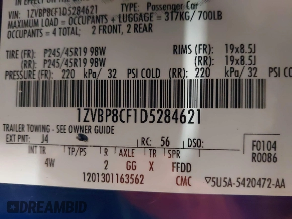 2013 Ford Mustang GT with VIN 1ZVBP8CF1D5284621, listed as a IAAI auction lot 41874578 with 89,617 mi miles and . Bid and sale history available at DreamBid. Image 9.