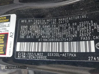 2011 Toyota Avalon with VIN 4T1BK3DB5BU375437, listed as a IAAI auction lot 41715548 with 124,445 mi miles and . Bid and sale history available at carsss.com. Image 9.