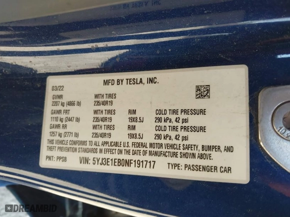 2022 Tesla Model 3 Long Range with VIN 5YJ3E1EB0NF191717, listed as a IAAI auction lot 41722202 with 67,811 mi miles. Bid and sale history available at carsss.com. Image 9.