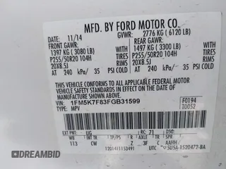 2015 Ford Explorer Limited with VIN 1FM5K7F83FGB31599, listed as a IAAI auction lot 41749019 with Not Provided miles and . Bid and sale history available at carsss.com. Image 9.