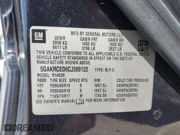 2012 Buick Enclave Leather with VIN 5GAKRCED6CJ388122, listed as a IAAI auction lot 42060341 with 201,047 mi miles and . Bid and sale history available at carsss.com. Image 9.